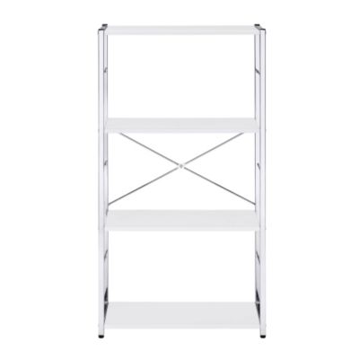 White and Chrome 4 Tier Rectangular Bookshelf Modern Open Shelf with X Shape Cross Bar Design