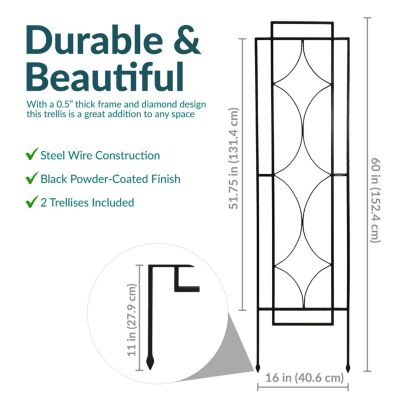 Decorative Steel Metal Chic Diamonds Design Garden Trellis - Black - 2-Pack
