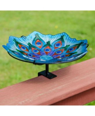 Exquisite Feathers Deck-Mounted/Staked Glass Bird Bath - 11” Diameter - Turquoise
