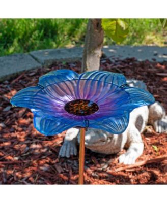 Morning Glory Deck-Mounted/Staked Glass Bird Bath - 11.5" Diameter - Blue