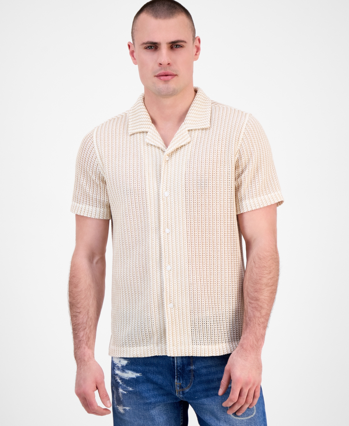 Men's Larson Knitted Short Sleeve Button-Front Camp Shirt - Beige Blanco Multi
