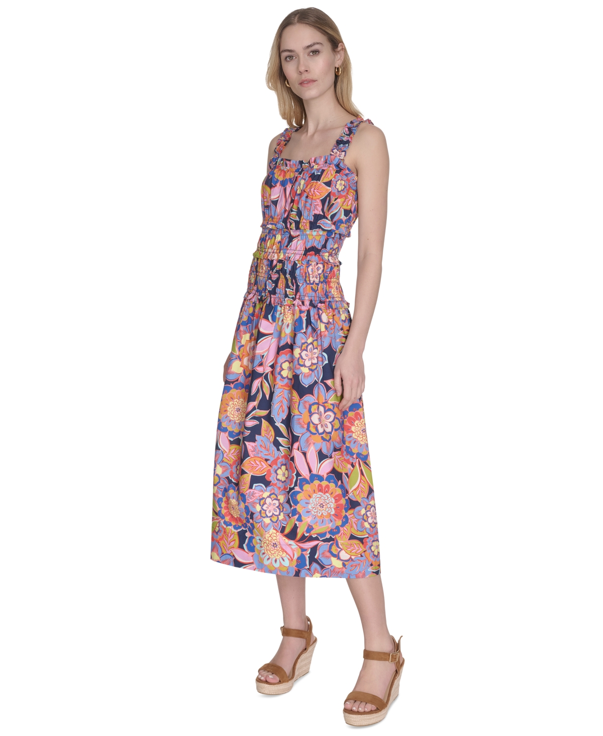 ELIZA J WOMEN'S COTTON SMOCKED-WAIST FLORAL-PRINT DRESS 