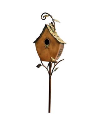 Outdoor Powder-Coated Iron Birdhouse with 3-Prong Garden Stake in Copper Finish