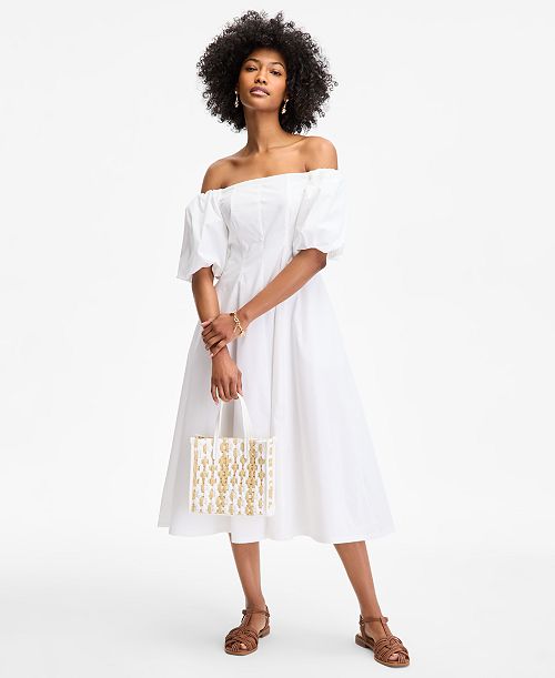 alfani On 34th Women's Off-The-Shoulder Puff-Sleeve Midi Dress Exclusively at Macy's Women's Fashion Shoes & Accessories