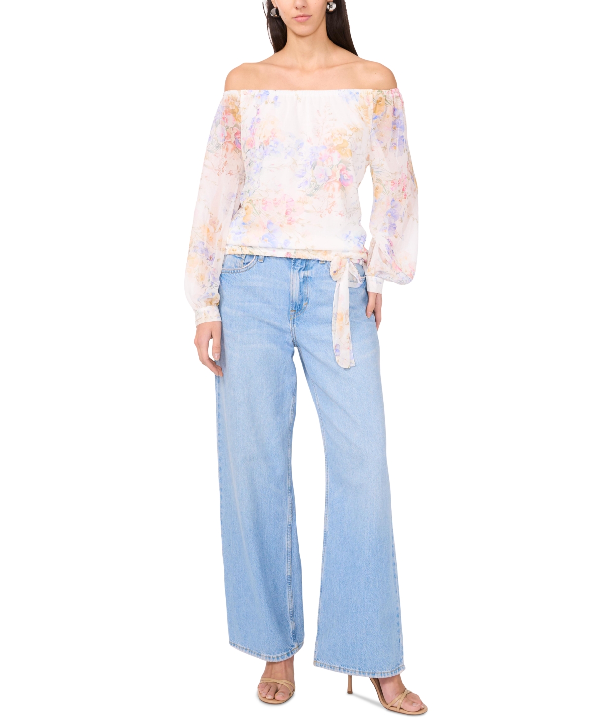 VINCE CAMUTO WOMEN'S FLORAL OFF-THE-SHOULDER LONG-SLEEVE TIE-FRONT BLOUSE 