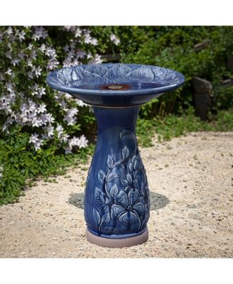 Blue Petals and Vines 22-Inch Tall Ceramic Birdbath