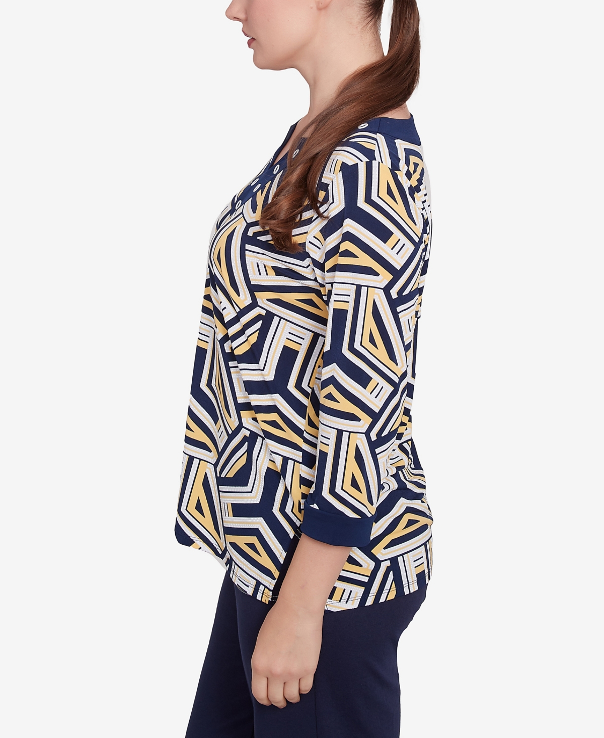 Alfred Dunner Plus Size Block Island Geometric Grommet Trim Top In Navy Multi