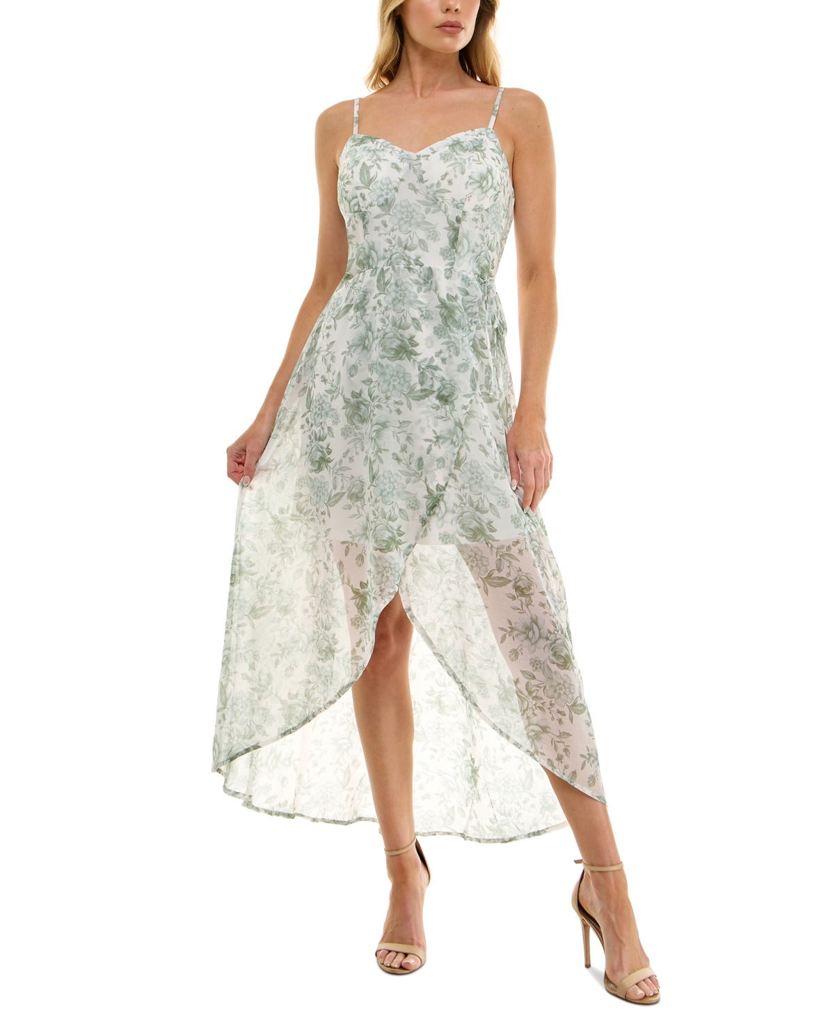 Juniors' Molded-Cup Wrap High-Low Fit & Flare Dress - Ivory/olive