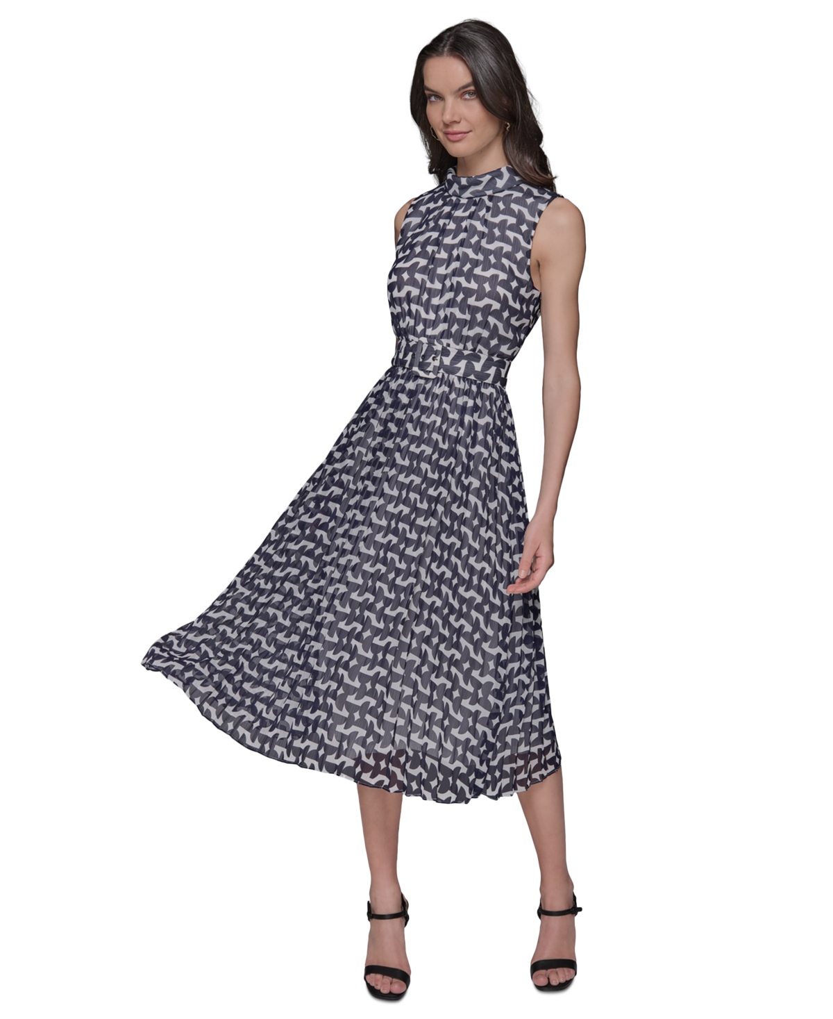 Shop Karl Lagerfeld Women's Printed Mock Neck Midi Dress In Soft White,marne Combo