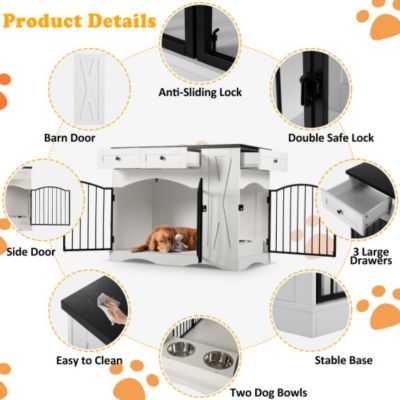 43.3inch Farmhouse Dog Crate Furniture Heavy Duty Dog Kennel with 3 Drawers and Feeder White
