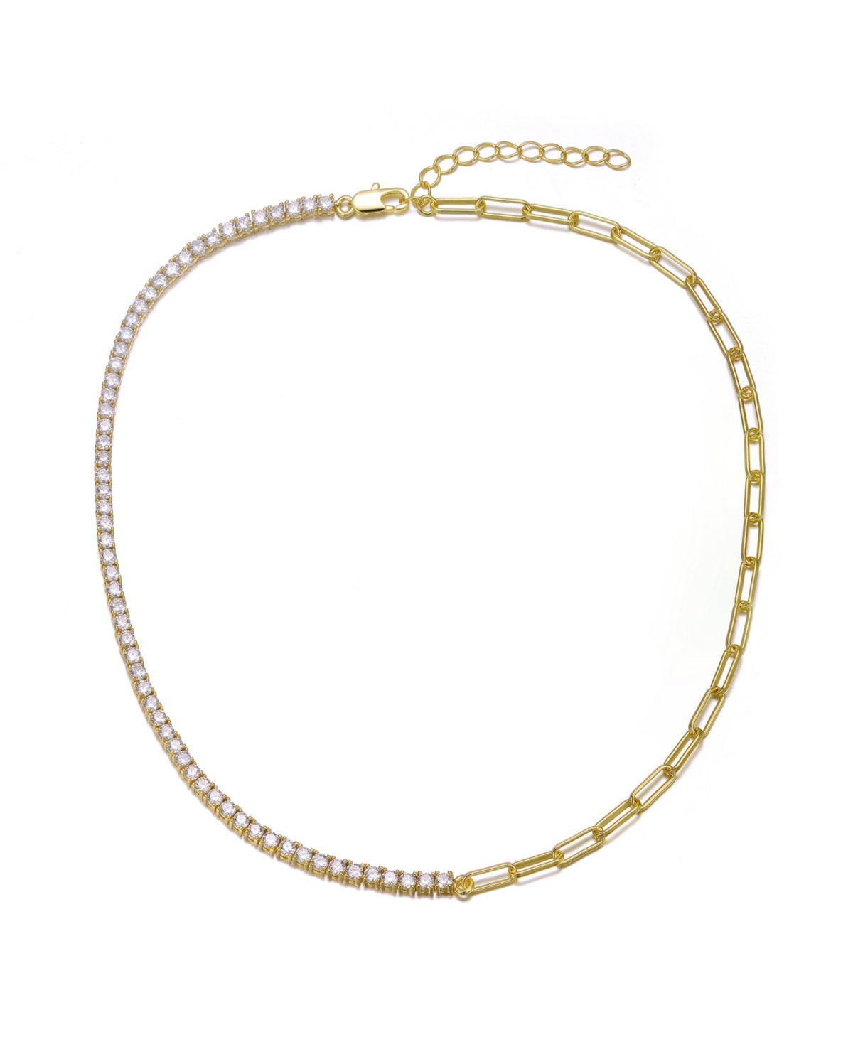 14K Gold Plated with Clear Cubic Zirconia Half Tennis Half Link Necklace - Gold