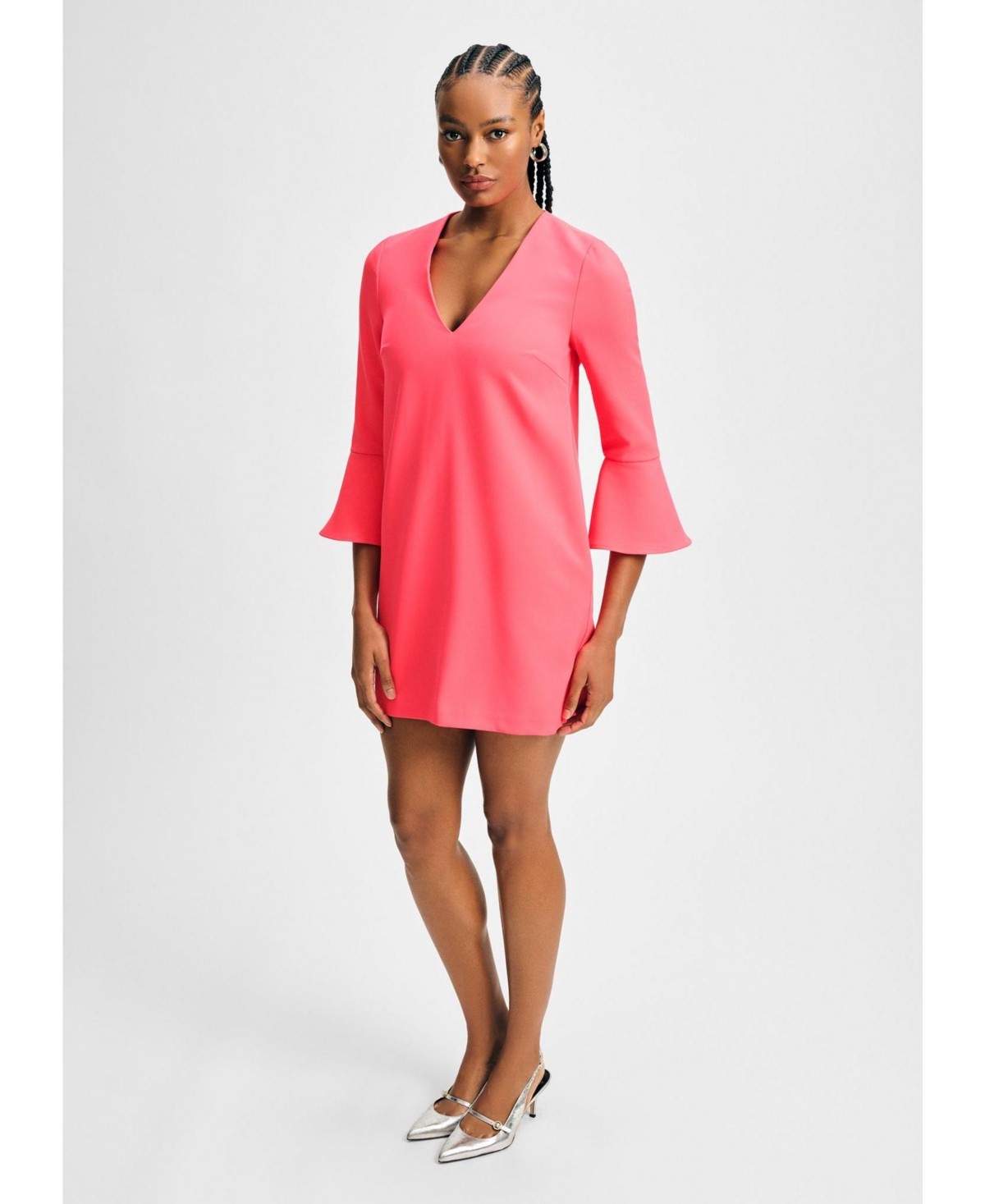Women's V-Neck Dress with Flare Hem Sleeve - Navy
