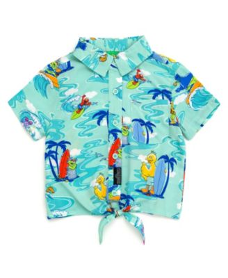 Toddler Girls Bird Cookie Monster Elmo Oscar the Grouch Matching Family Hawaiian Button Down Shirt to