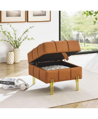 Anti-Scratch PU Leather Storage Ottoman, Upholstered Footstool with Gold Stainless Steel Legs for Bedroom or Living Room