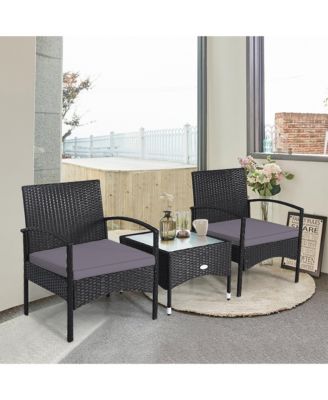 3 PCS Patio Wicker Rattan Furniture Set Coffee Table & 2 Rattan Chair w/ Cushion