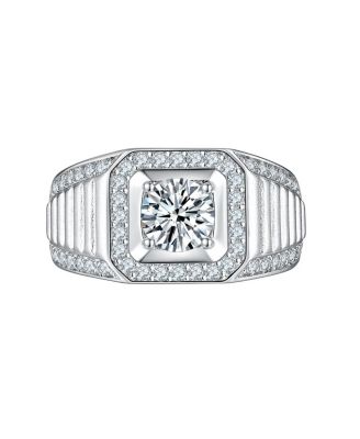 Clear CZ Statement Halo Square Princess Cut Solitaire Promise Ring with Micro Pave Matte Band Plated