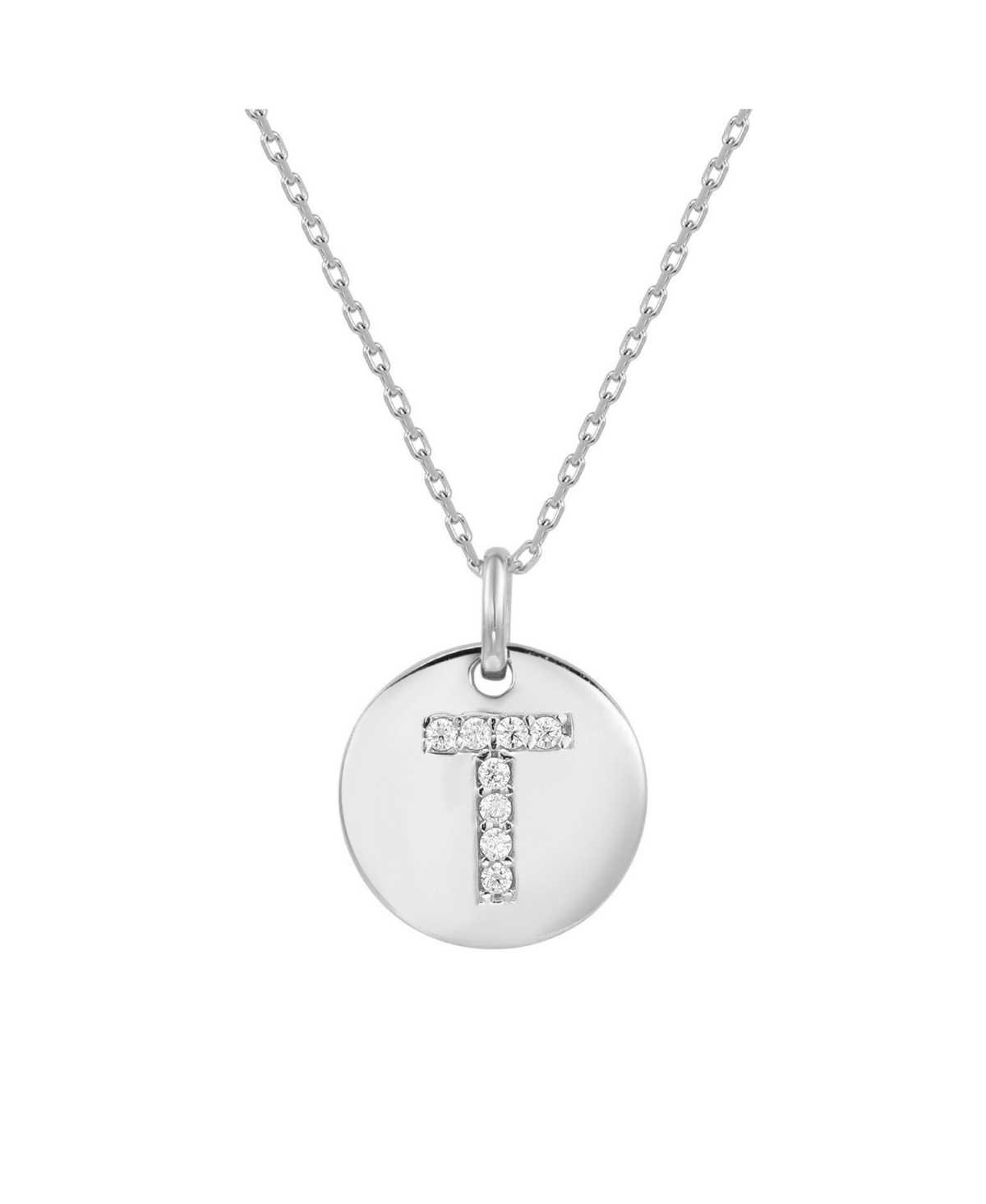 Suzy Levian Sterling Silver Cubic Zirconia Letter Initial Disc Pendant - T