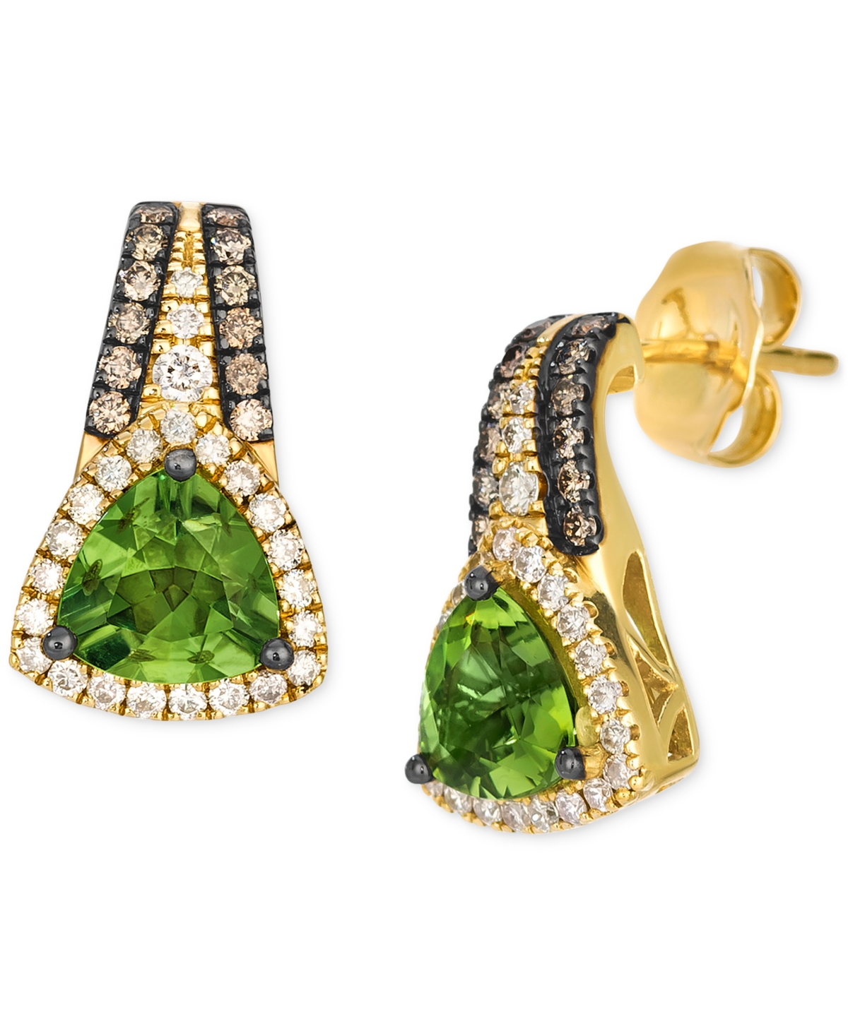 Green Apple Peridot (1-1/2 ct. t.w.) & Diamond (1/5 ct. t.w.) Trillion Halo Stud Earrings in 14k Gold - Yellow Gold