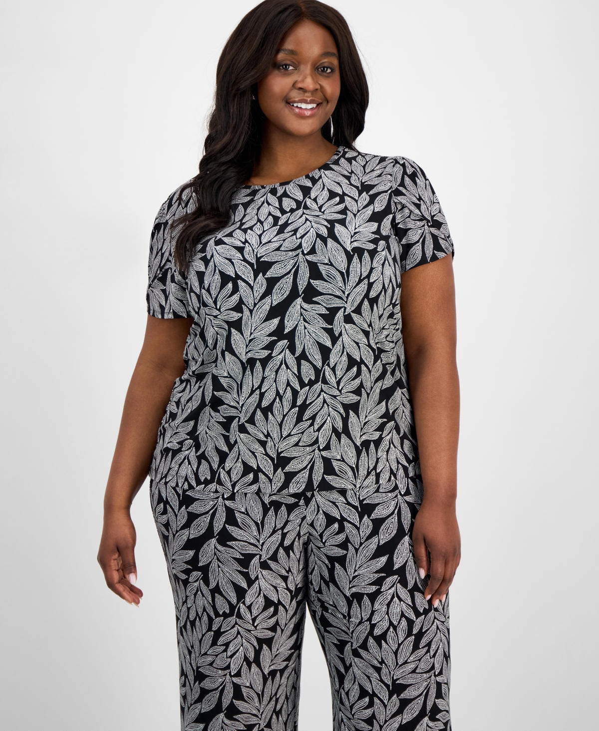 Ak Anne Klein Plus Size Printed Tulip-sleeve Blouse