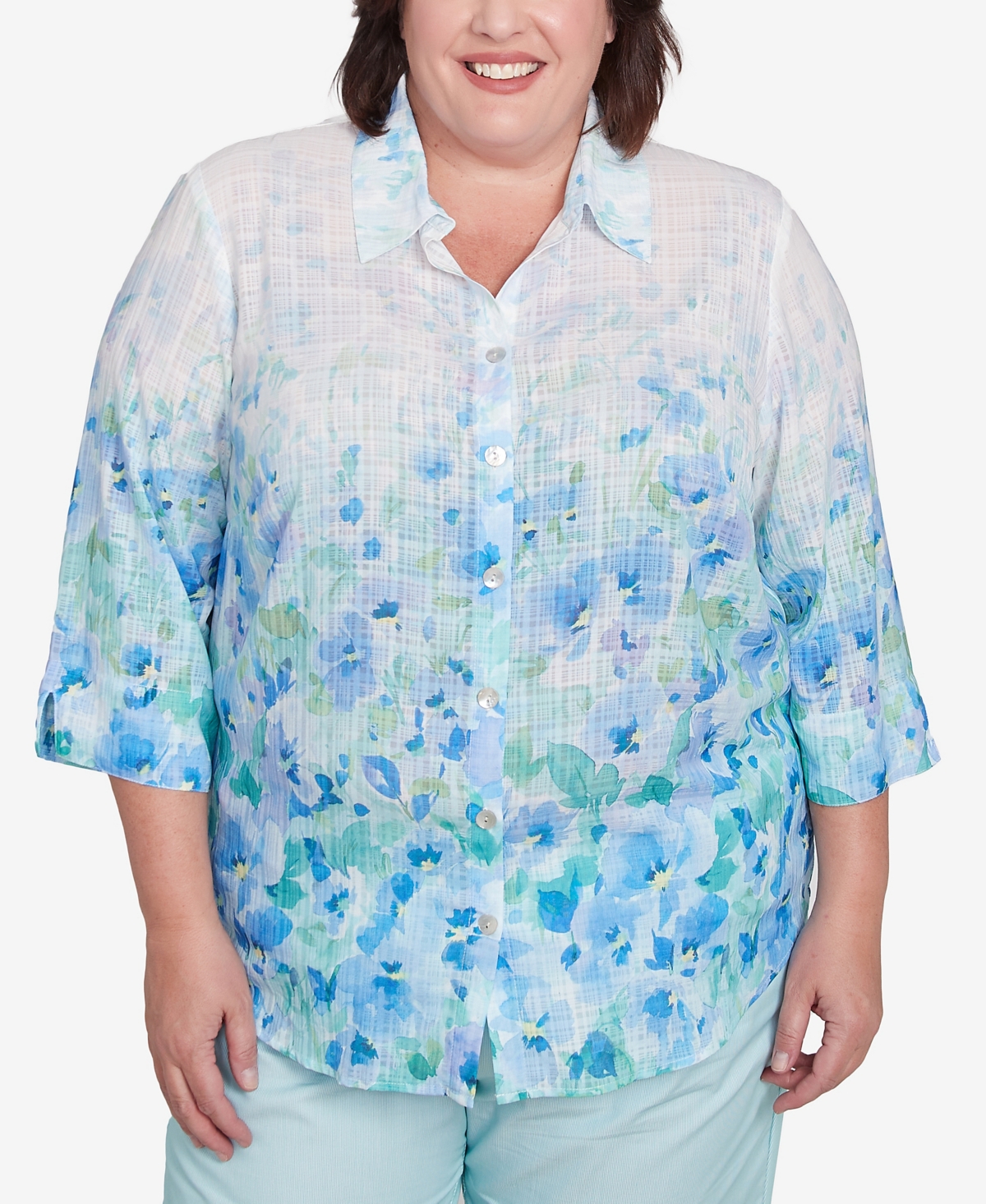Alfred Dunner Plus Size St. Thomas Border Floral Button Down Top In Sky Blue Multi