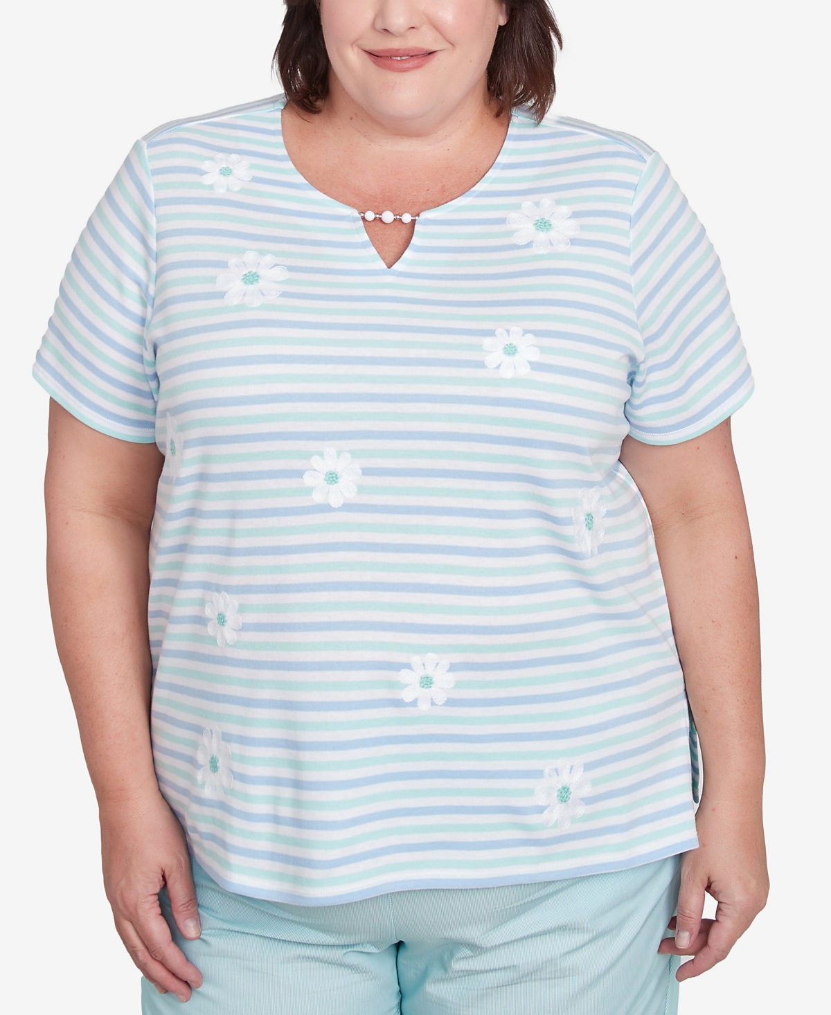 Alfred Dunner Plus Size St. Thomas Embroidered Daisy Striped Top In Mint Multi