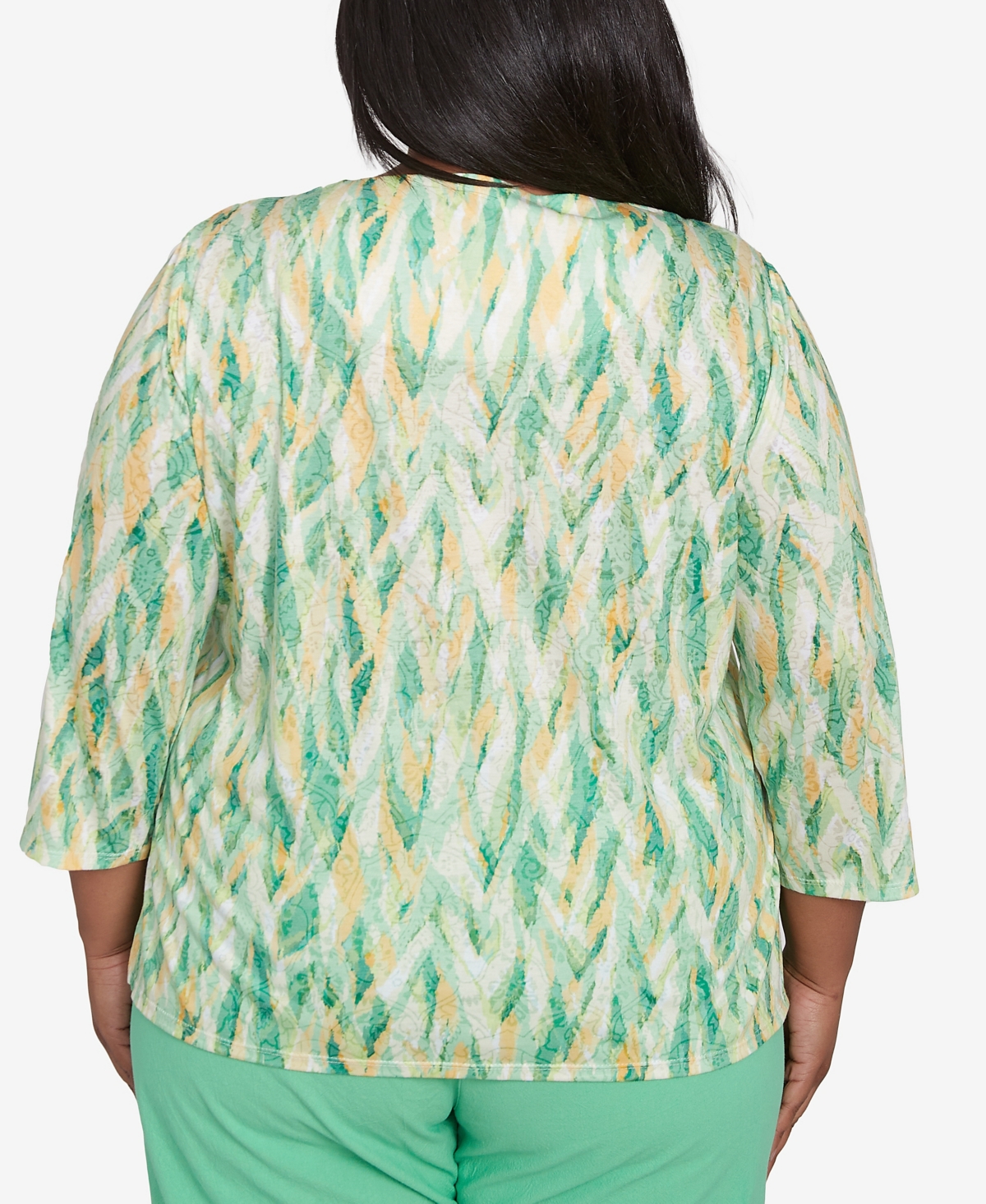 Alfred Dunner Plus Size Rise And Shine Bright Textured Strokes Embellished Top In Lime Multi