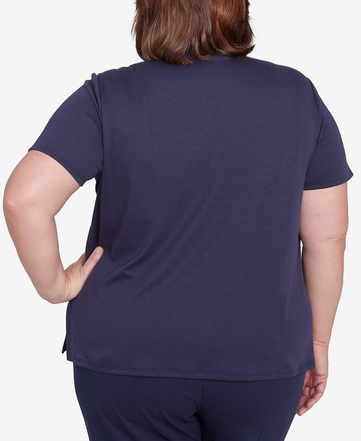 Alfred Dunner Plus Size Land Of The Free Butterfly Criss-cross Crew Neck Top In Navy