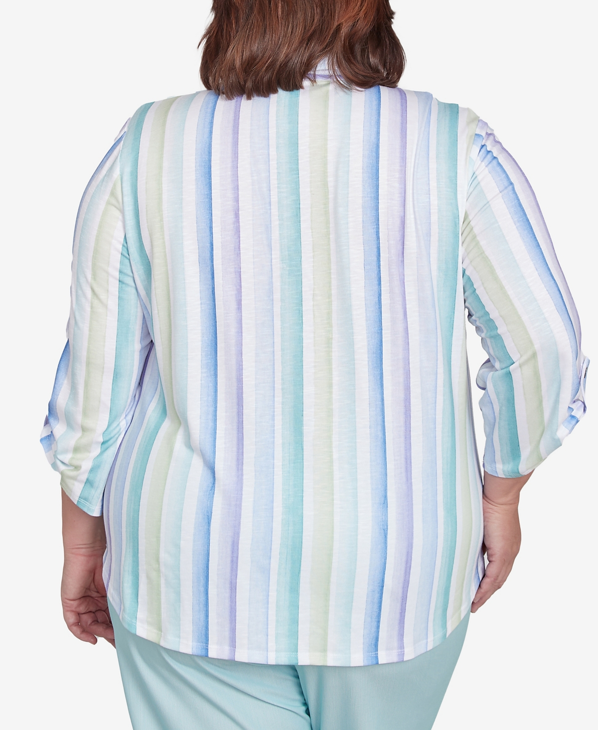 Alfred Dunner Plus Size St. Thomas Island Mint Stripe Knit Button Front Top In Mint Multi