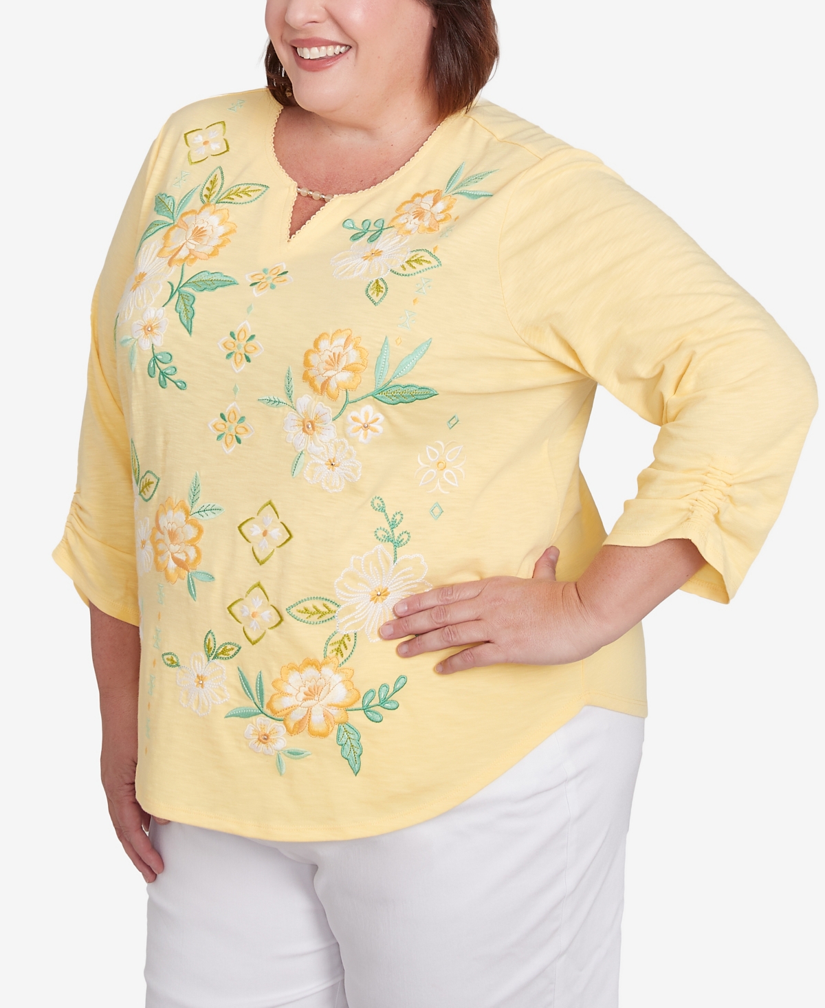 Alfred Dunner Plus Size Rise And Shine Sunny Floral Embroidered Split Neck Top In Lemon