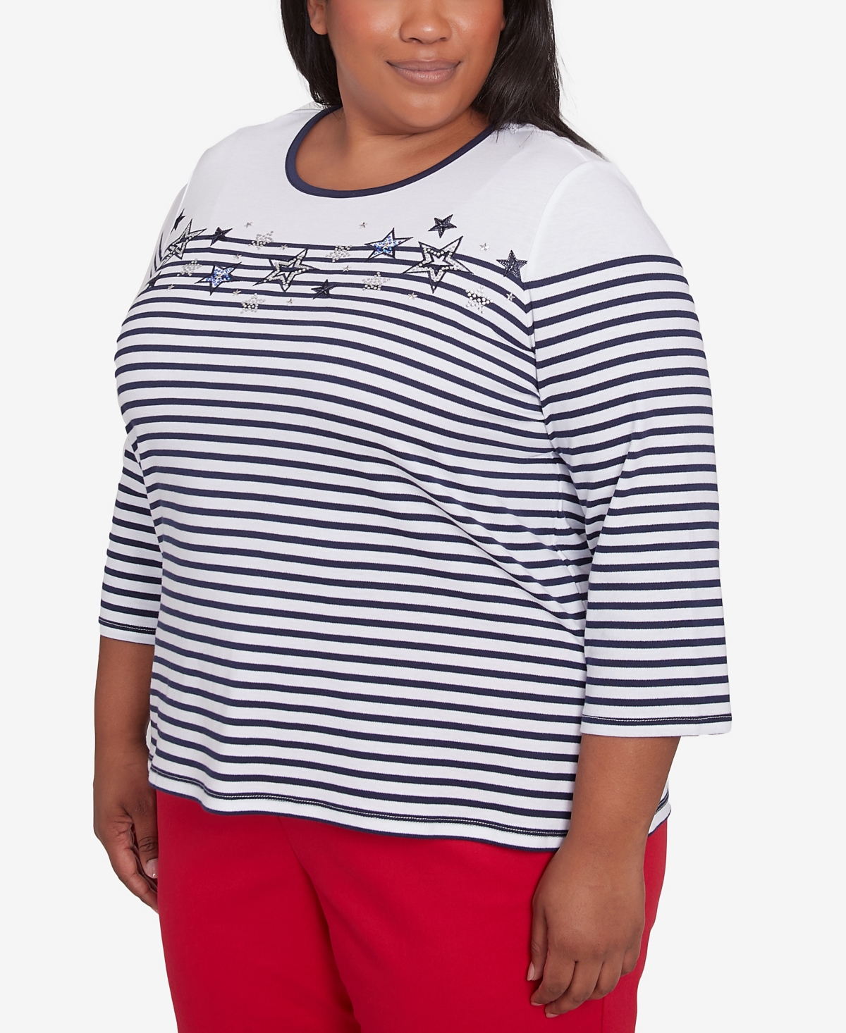 Alfred Dunner Plus Size Land Of The Free Striped Star-studded Crew Neck Top In Navy Multi