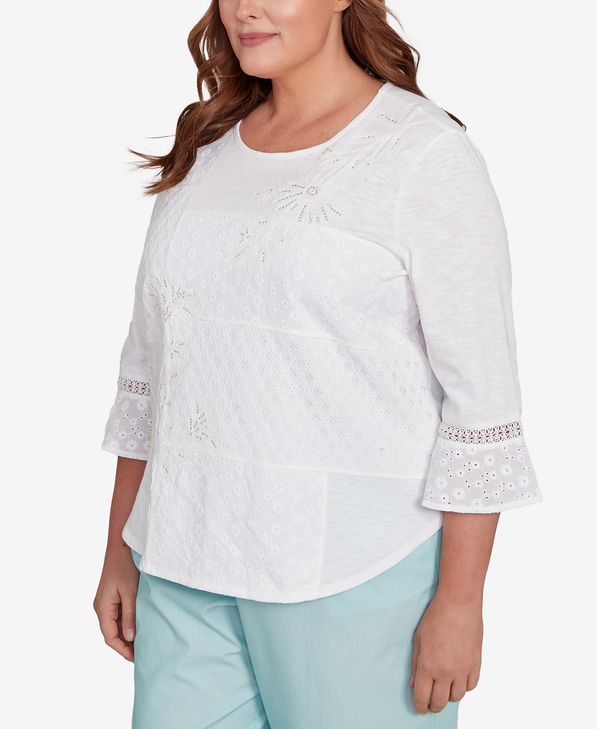 Alfred Dunner Plus Size St. Thomas Lace Patchwork Embellished Sleeve Top In White