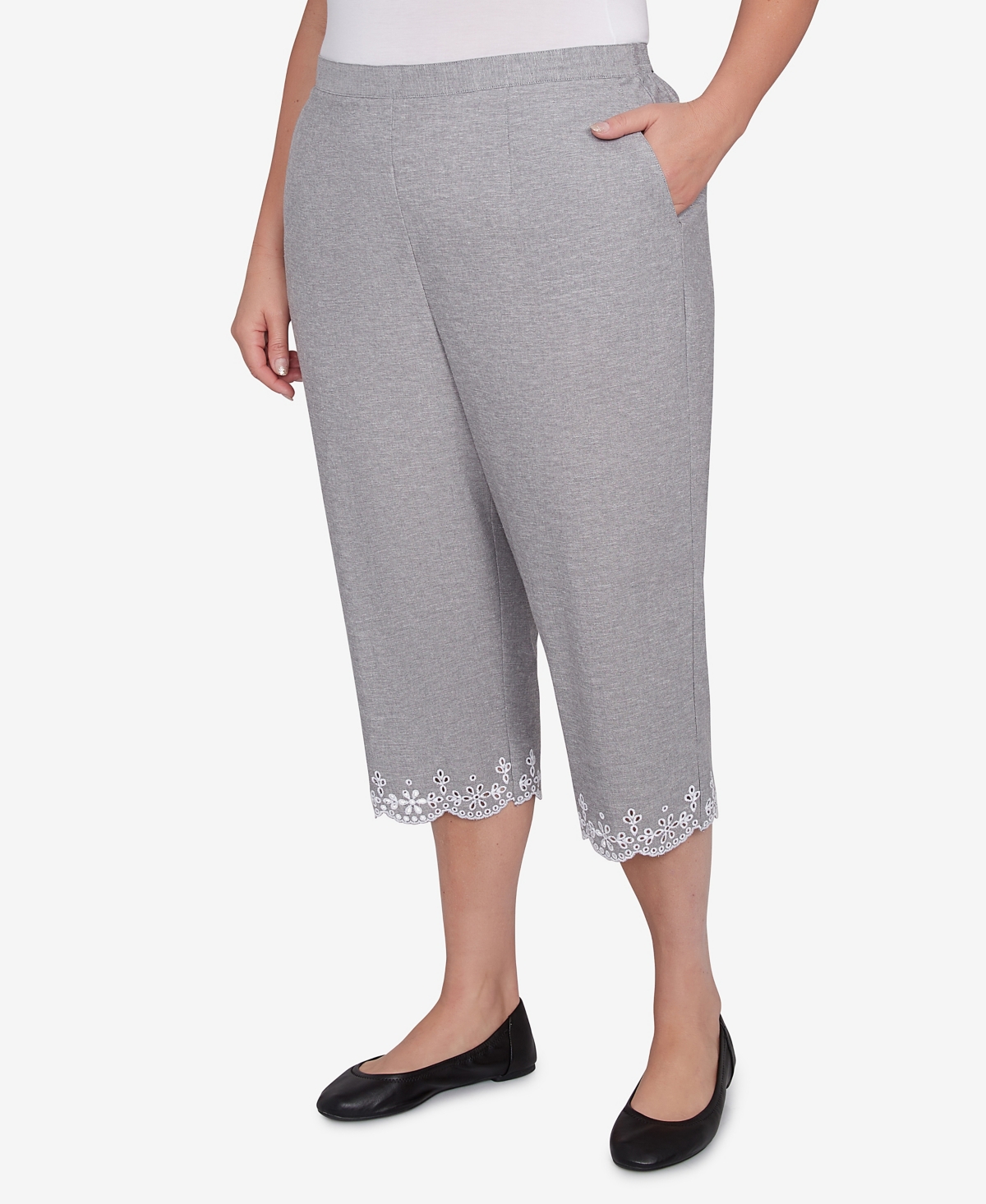 Alfred Dunner Plus Size Crystal Springs Eyelet Embroidered Capri Pants In Gray