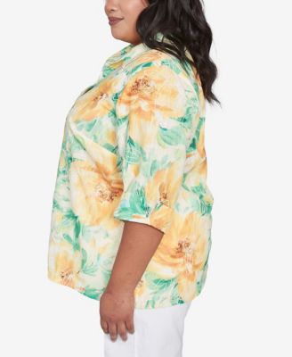 Plus Size Rise and Shine Watercolor Floral Tie Sleeve Button Down Top