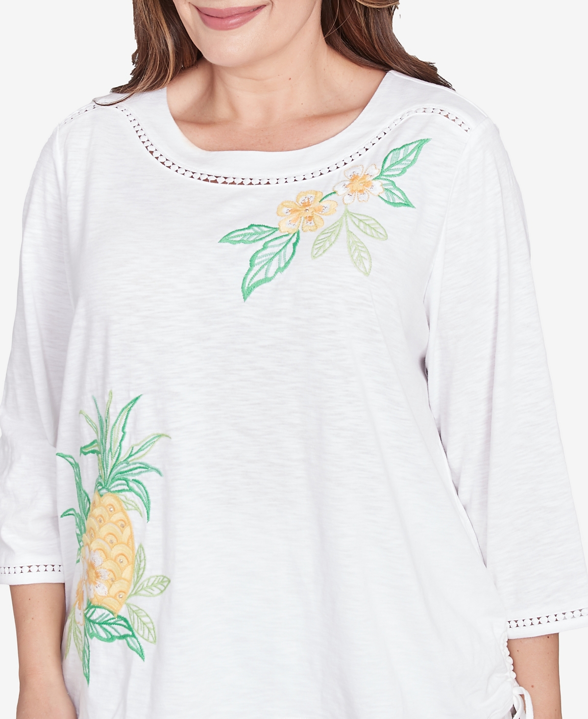 Alfred Dunner Plus Size Rise And Shine Embroidered Pineapple Top In Multi White