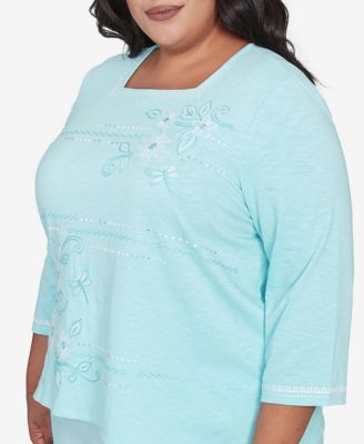 Alfred Dunner Plus Size St. Thomas Asymmetrical Dragonfly Embroidery Top