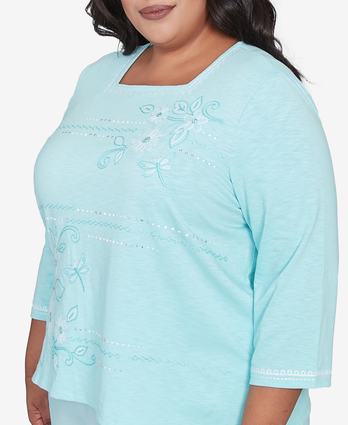 Alfred Dunner Plus Size St. Thomas Asymmetrical Dragonfly Embroidery Top In Mint