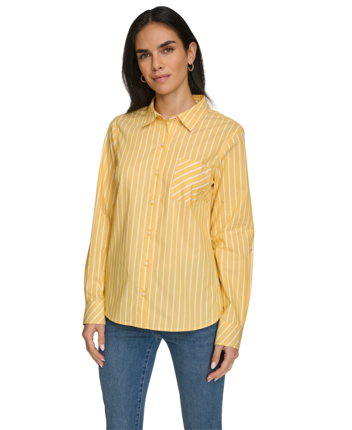 Nautica Jeans Women's Sail Stripe Roll Tab Top In Golden Rod,bright White