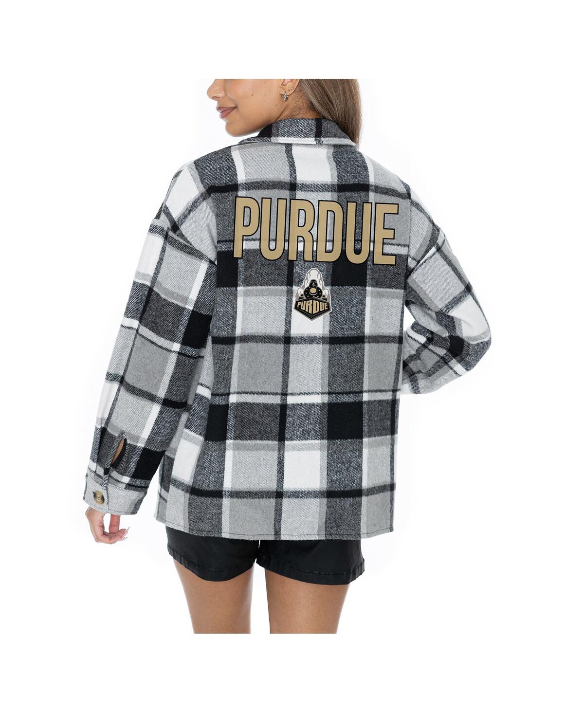 GAMEDAY COUTURE WOMEN'S GREY PURDUE BOILERMAKERS LONG SLEEVE BRUSHED PLAID BUTTON-UP OVERSHIRT JACKET 