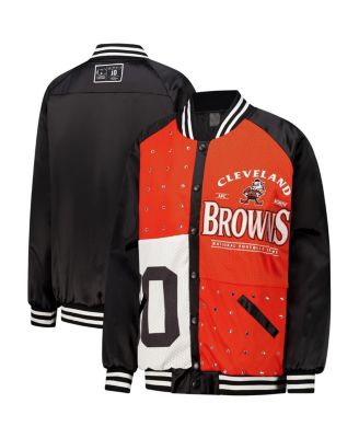 Gameday Couture - Women's Black/Orange Cleveland Browns Oversized Hot Shot Rhinestone Throwback Full-Snap Varsity Bomber Jacket