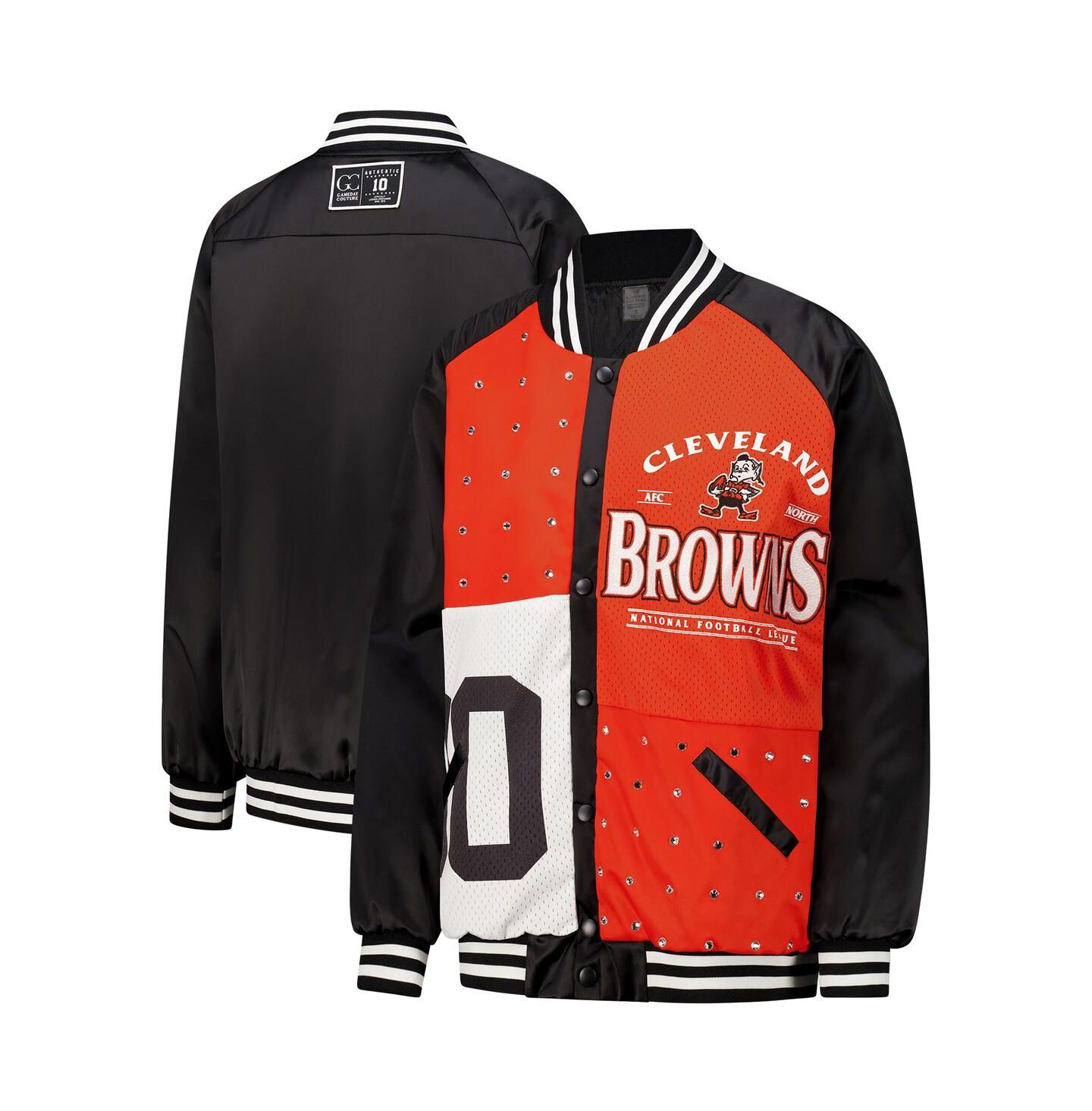 Женская куртка Gameday Couture Black/Orange Cleveland Browns Oversized Hot Shot Rhinestone Throwback Full-Snap Varsity Bomber — фото 1