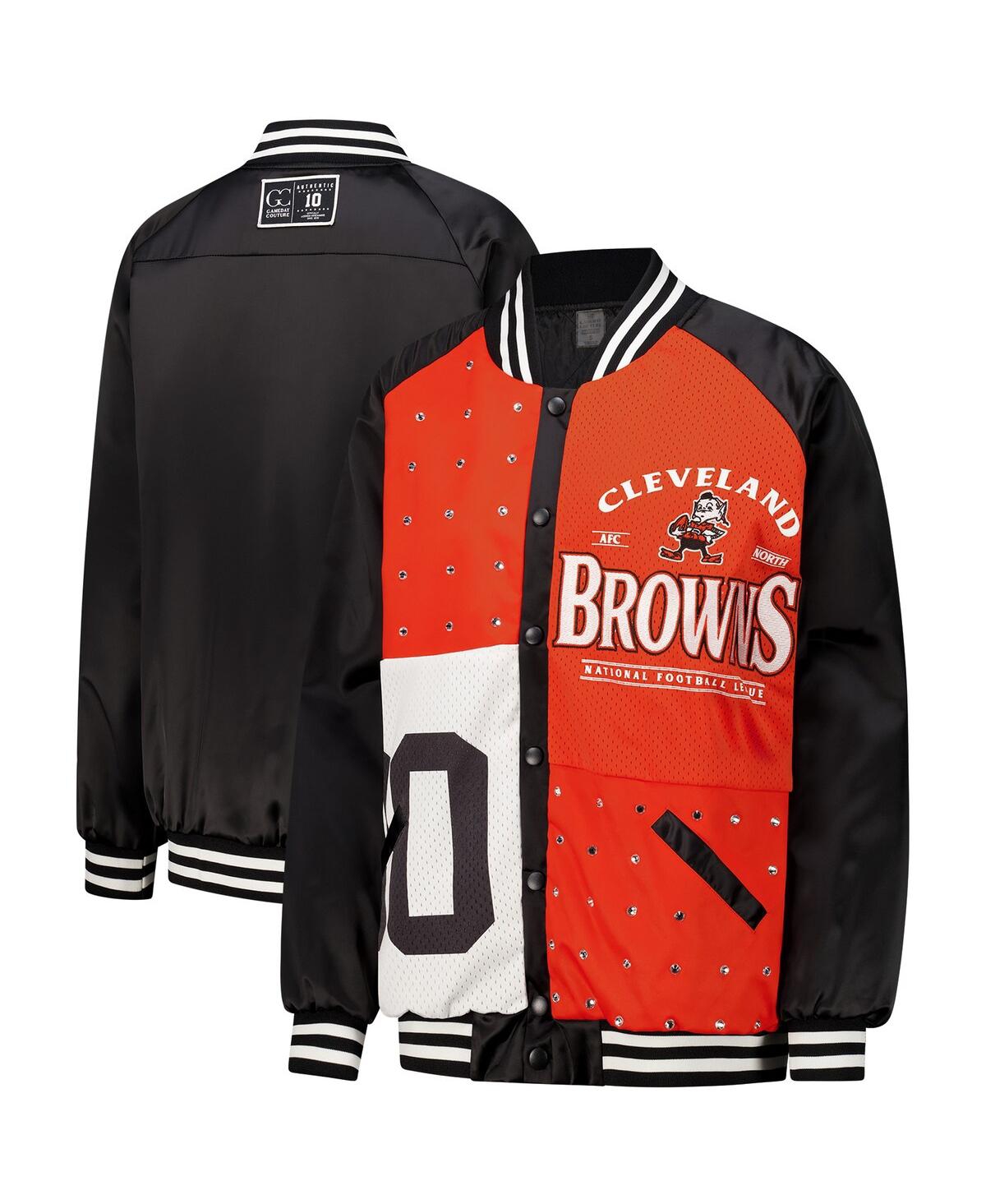 Women's Black/Orange Cleveland Browns Oversized Hot Shot Rhinestone Throwback Full-Snap Varsity Bomber Jacket - Black, Orange