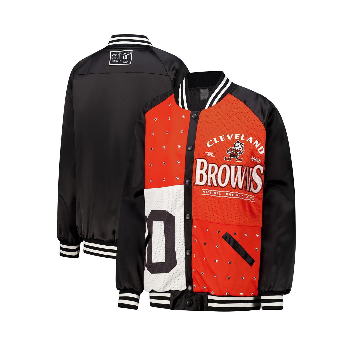 Women's Black/Orange Cleveland Browns Oversized Hot Shot Rhinestone Throwback Full-Snap Varsity Bomber Jacket