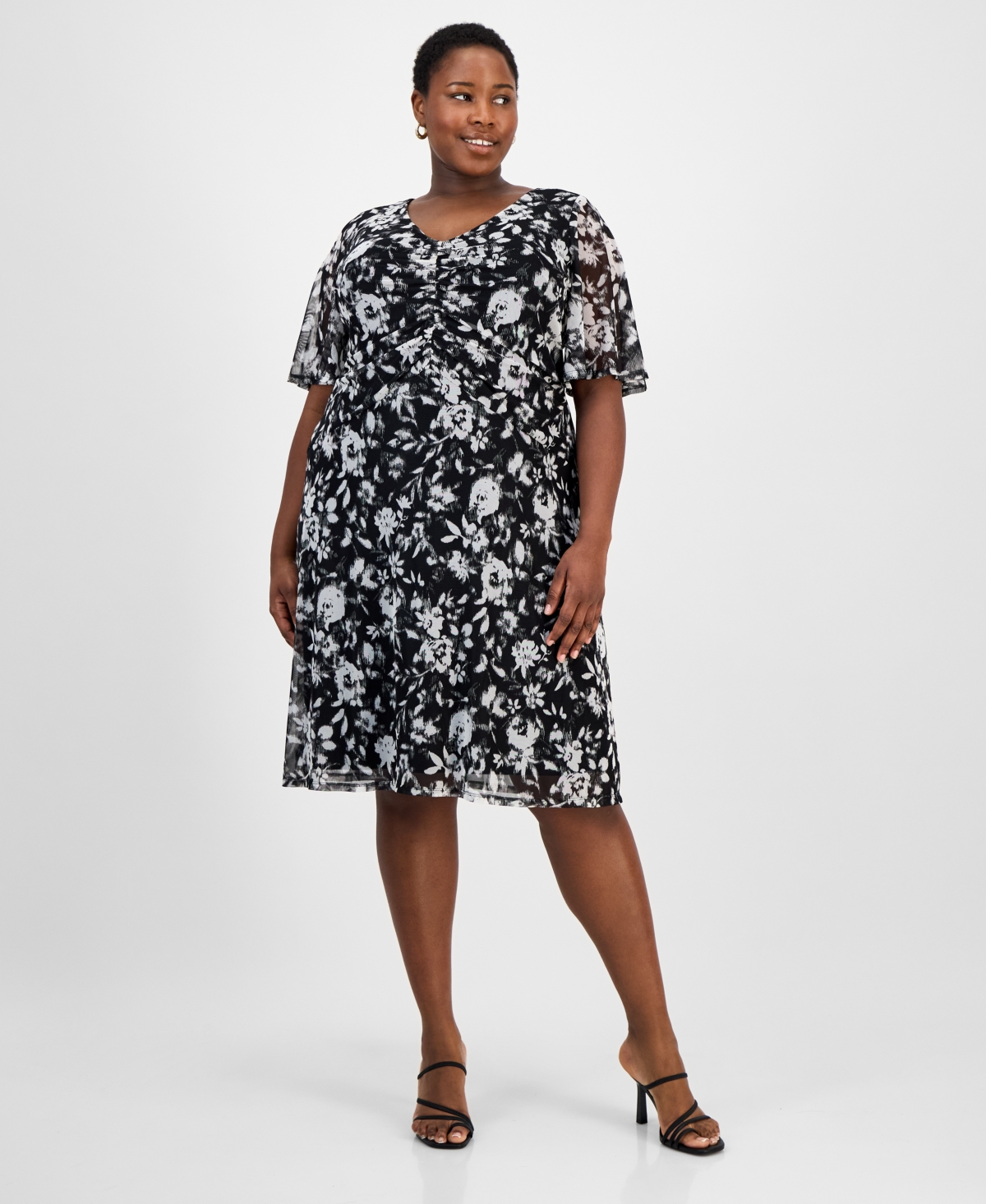 Plus Size V-Neck Ruch-Front Short-Sleeve Mesh Dress - Black