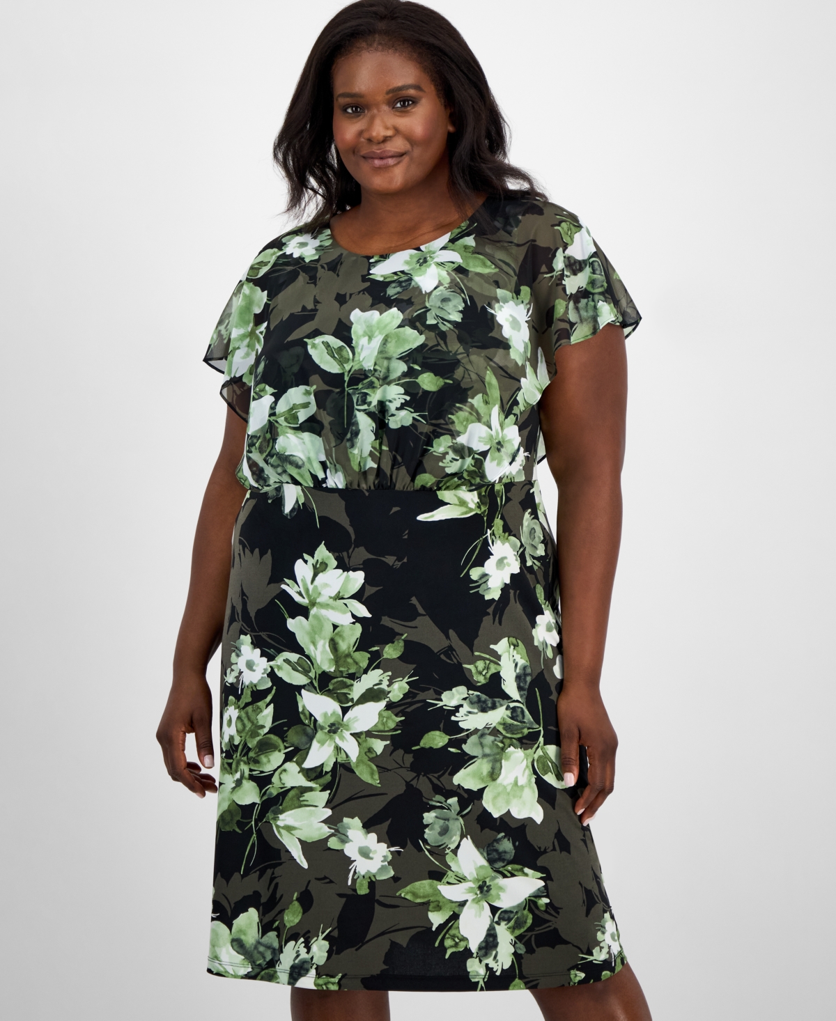 Connected Plus Size Printed Blouson Midi Dress