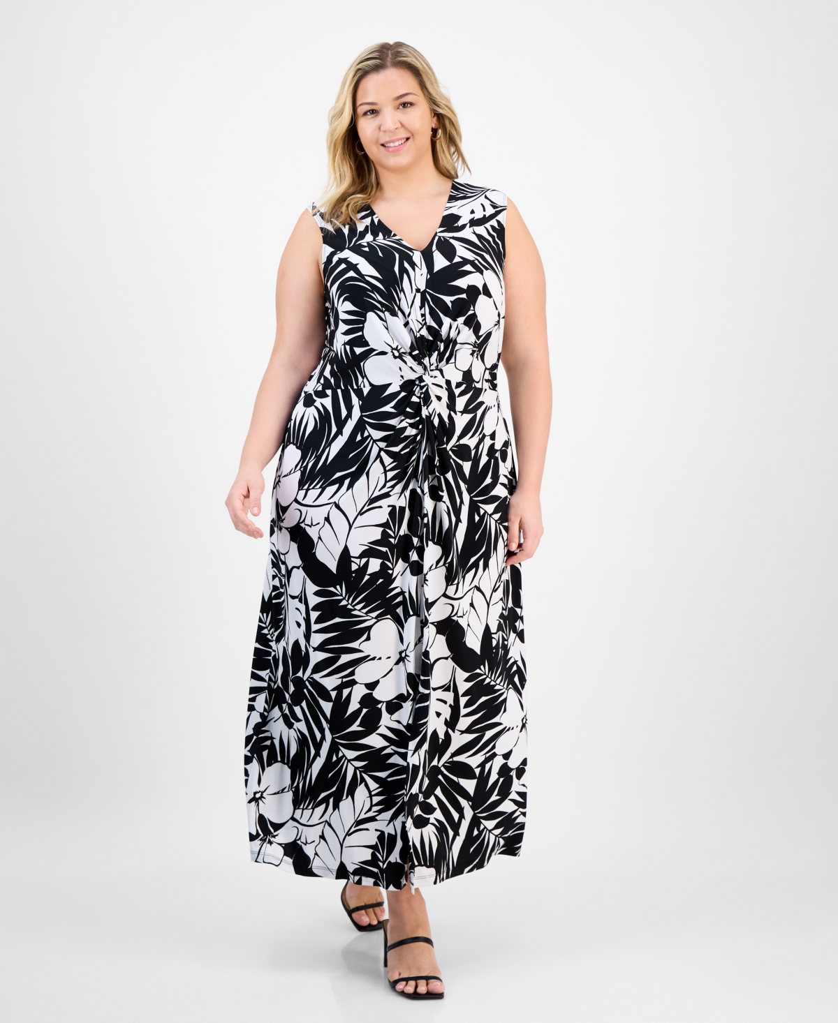 Plus Size Printed Twisted-Front Maxi Dress - Black