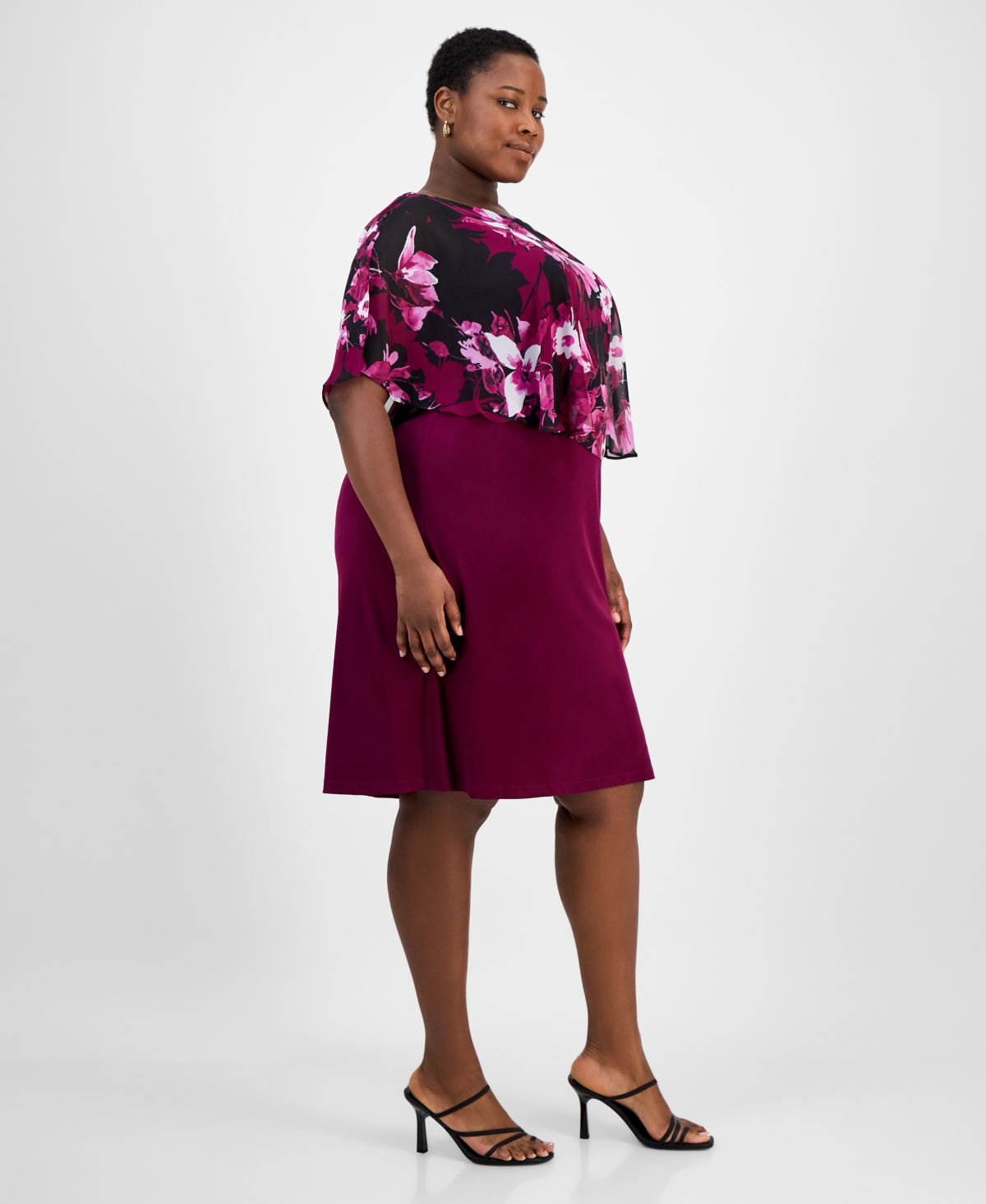 Connected Plus Size Floral-print Capelet Sheath Dress