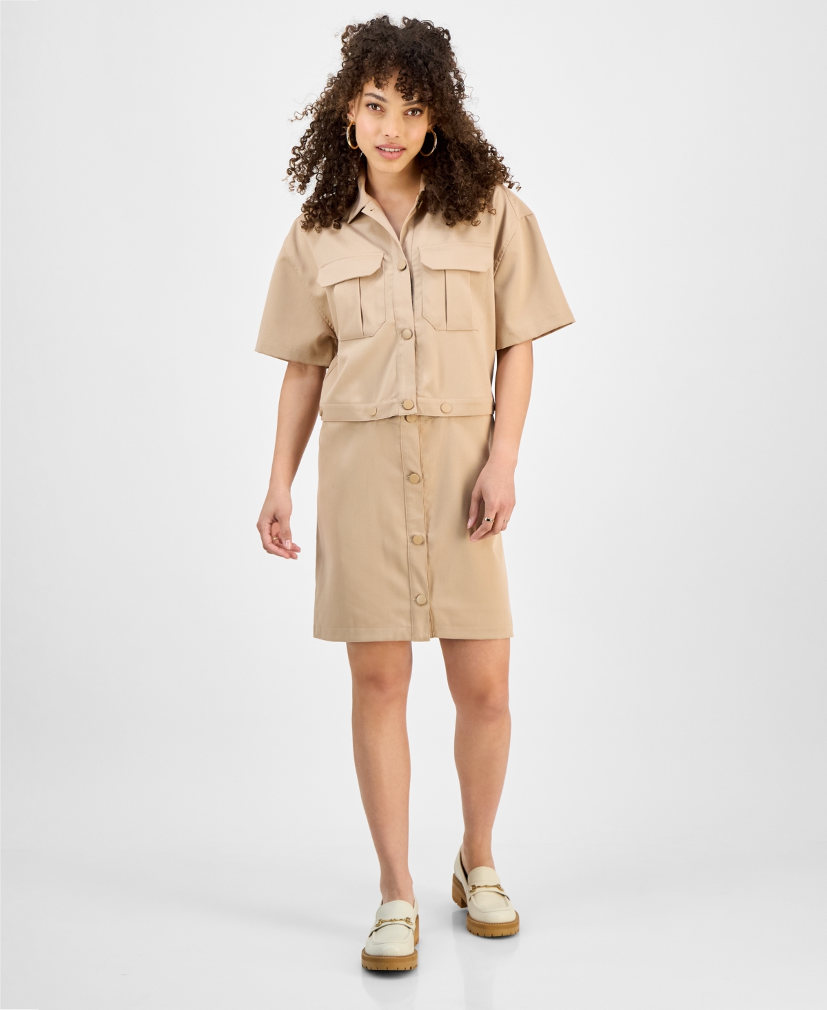 Women's Button-Front Short-Sleeve Multi-Wear Shirtdress, Regular & Petite Sizes - Khaki