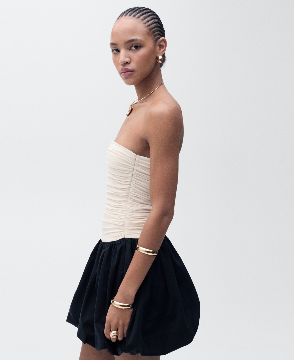 Mango Strapless Mixed Media Bubble Hem Minidress In Ecru
