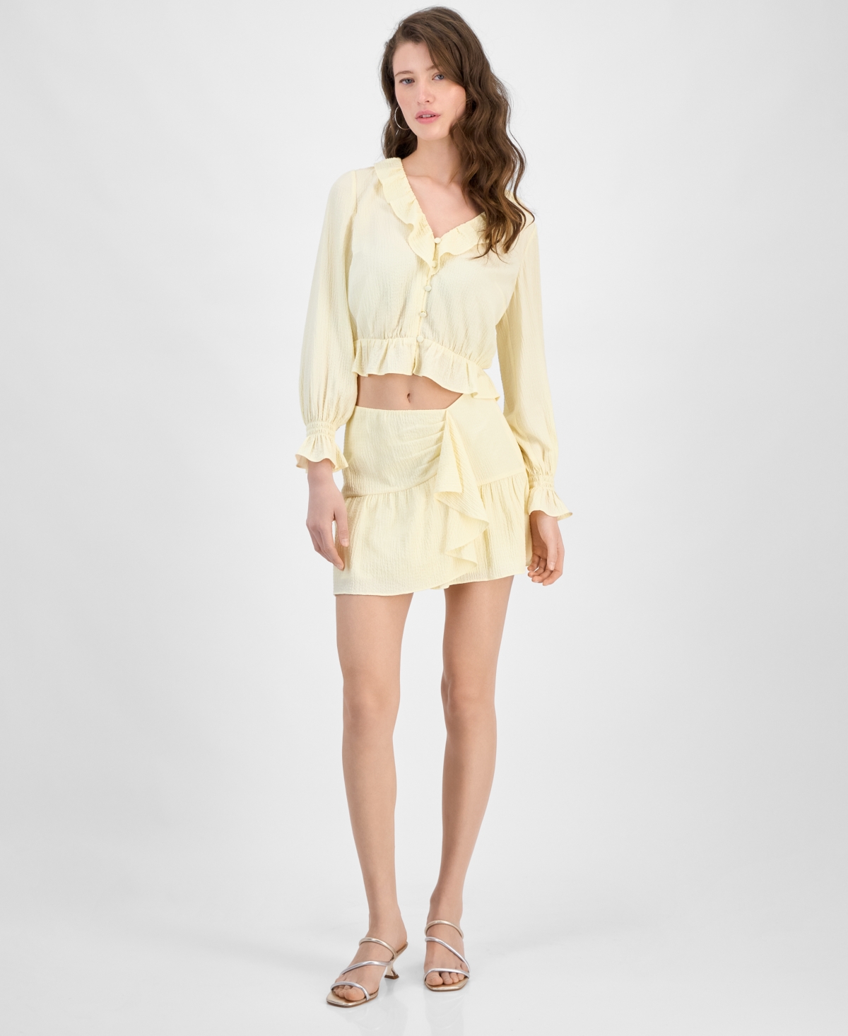 Guess Womens Long Sleeve Button Front Shaelo Top Shaelo Gauze Mini Skirt