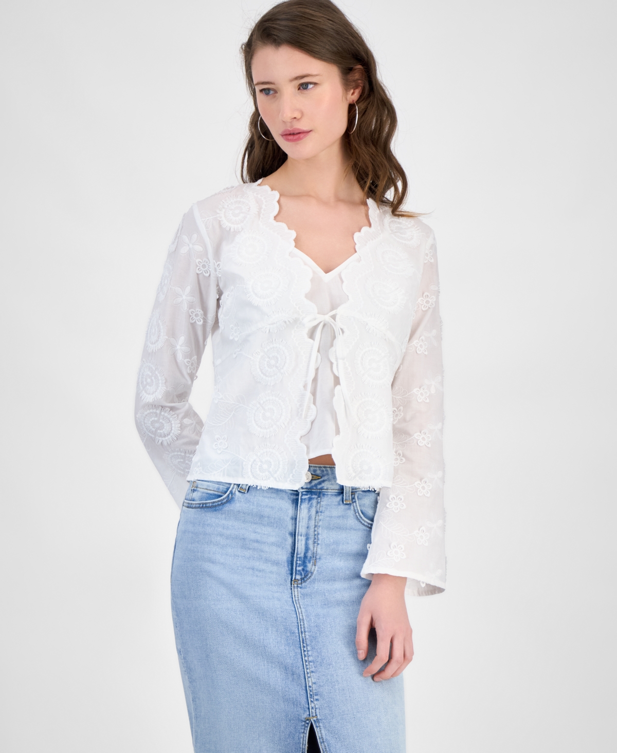 Guess Aida Floral Embroidered Tie Front Long Sleeve Top In White